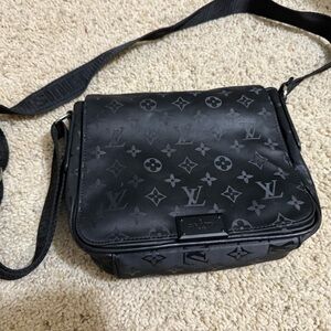 Black Monogram Nylon Crossbody Bag Adjustable Strap Zip Closure